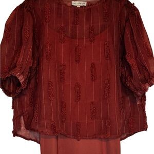 The Line of Style Womens Rust Sheer Textured Puff-Sleeve Blouse w Tank